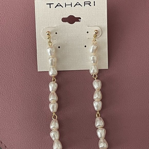 Tahara White Faux Pearl Gold-Tone Linear Earrings - Picture 1 of 3